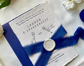 Letterpress Cheers Wedding Invitation, Handmade Deckled Edge Paper, Rustic Chic Vintage Wedding Suite