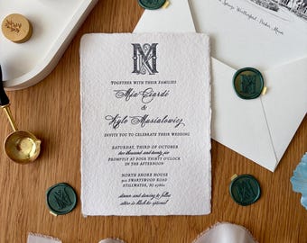 Custom Vintage Monogram Letterpress Classic Wedding Invitation, Deckled Edge Handmade Paper
