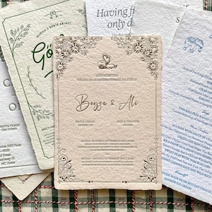 Carte de mariage typographique écologique, suite de faire-part de mariage typographique papier fait main, faire-part beaux-arts élégant personnalisé
