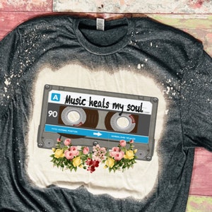 music heals my soul, bleached, t-shirt, dark gray, dark green, unisex, women&#39;s, men&#39;s, cassette, tape, vintage, sublimation, super soft