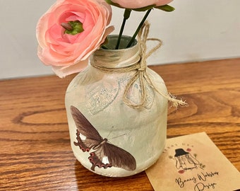 One of a kind Handmade MINI Vase/ Upcycled Glass bottle/ Handmade Butterfly Glass vase