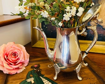 VINTAGE Silver Plated Footed Teapot with Floral pattern/ Silver Plated Carafe/ Silver Plate Ornate Floral Teapot with Lid