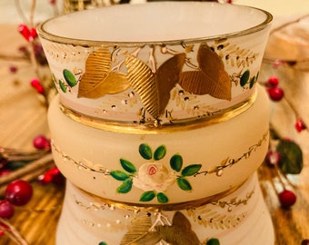 VINTAGE Handpainted Glass Flower Vase/ Gold Trims, Flower, Gold Leaves/ Cream Colored Glass/ Gold Gilt