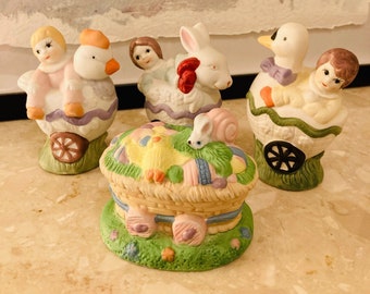 VINTAGE Set of 4 Easter Figurines/ Easter Bunny, Chicken, Goose, Eggs/ Spring House Decorations/ Easter Eggs Egg