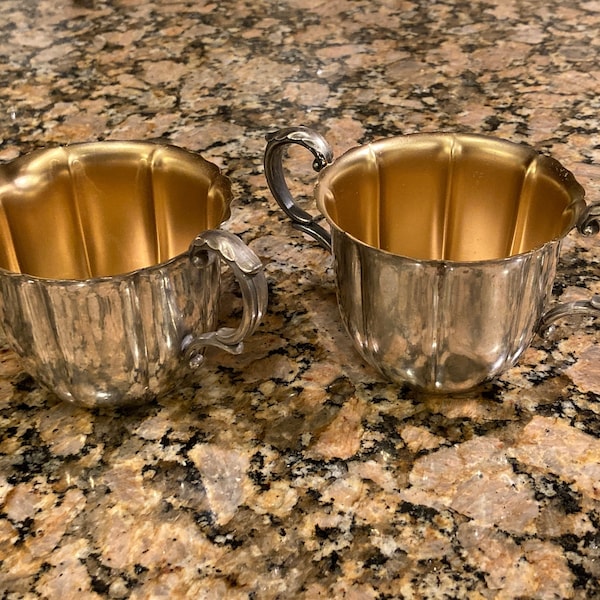 WM Rogers 624 Set of 2 Silver Plate Sugar & Creamer Cup/ Silver Plated Teacups/ Tea Party Serving/ Silver and Gold/ Two Handled Cup