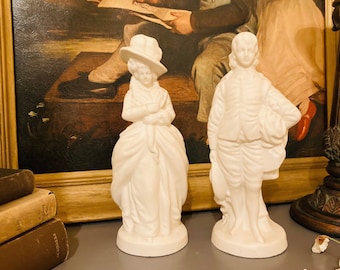 VINTAGE Set of 2 Bisque Porcelain 19th Century French Couple Figurine/ White French Style Victorian Couple Statues