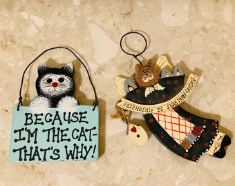VINTAGE Set of 2 Adorable Wooden Cat Hanging Sign/ Old Country Look Cats/ Cat Wood Hanging Decor/ Cat Lover Wood Sign Wall Art