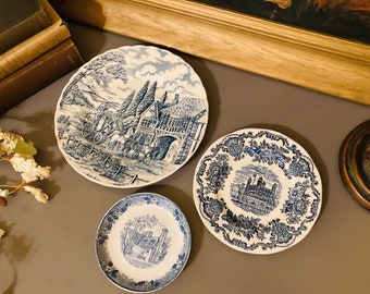 VINTAGE Set of 3 Blue Plates/ Made in England/ Old English Staffordshire Ware/ Royal Homes of Britain Blue Plate