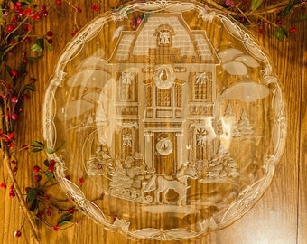 VINTAGE Mikasa Crystal Clear Winter Christmas Scene Platter/ Large Christmas Glass Serving Plate/ 15" Diameter