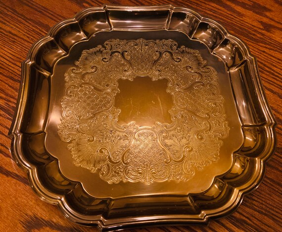 VINTAGE Etched Solid Brass Tray/ Rectangular Brass Serving Tray