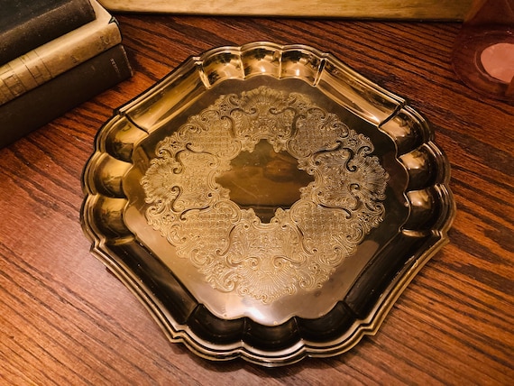 VINTAGE Etched Solid Brass Tray/ Rectangular Brass Serving Tray