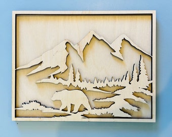DIY Layered Nature Scene Wood Wall Art/ Wood Home Decor/ Laser Cut Wall Art/ Bear Eagle Buffalo Cheetah Animal Wood Wall Art