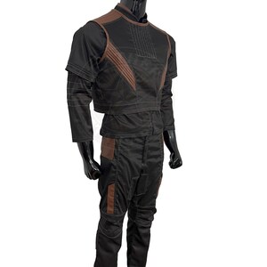 May include: A black and brown jumpsuit with a vest and trousers. The vest has brown accents and the trousers have brown accents on the sides.