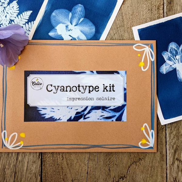 DIY cyanotype kit with photosensitive sheets and guide for solar printing