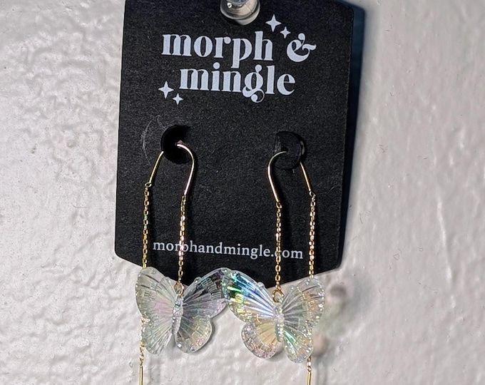 Iridescent butterfly threader earrings