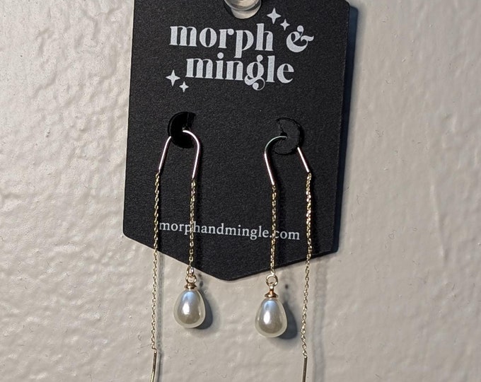 Dainty faux pearl teardrop threader earrings