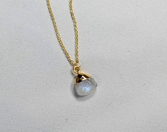 Dainty rainbow moonstone triangle pendant