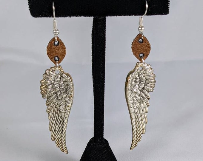 Leather and silver wing earrings