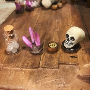 SET OF 4 witchy dollhouse accessories skull herbs crystal potion ingredients