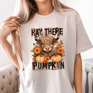 Hooi daar pompoen herfst shirt Highland Cow, herfst koe shirt, bloem shirt, koe graphic tees, cadeau voor haar, shirt voor vrouwen, bloemen T-shirt