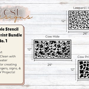 May include: A reusable stencil animal print bundle with three designs: leopard/cheetah, cowhide, and cow print/giraffe spots. Each stencil measures 12" x 24" and is laser cut. The bundle is perfect for DIY projects.