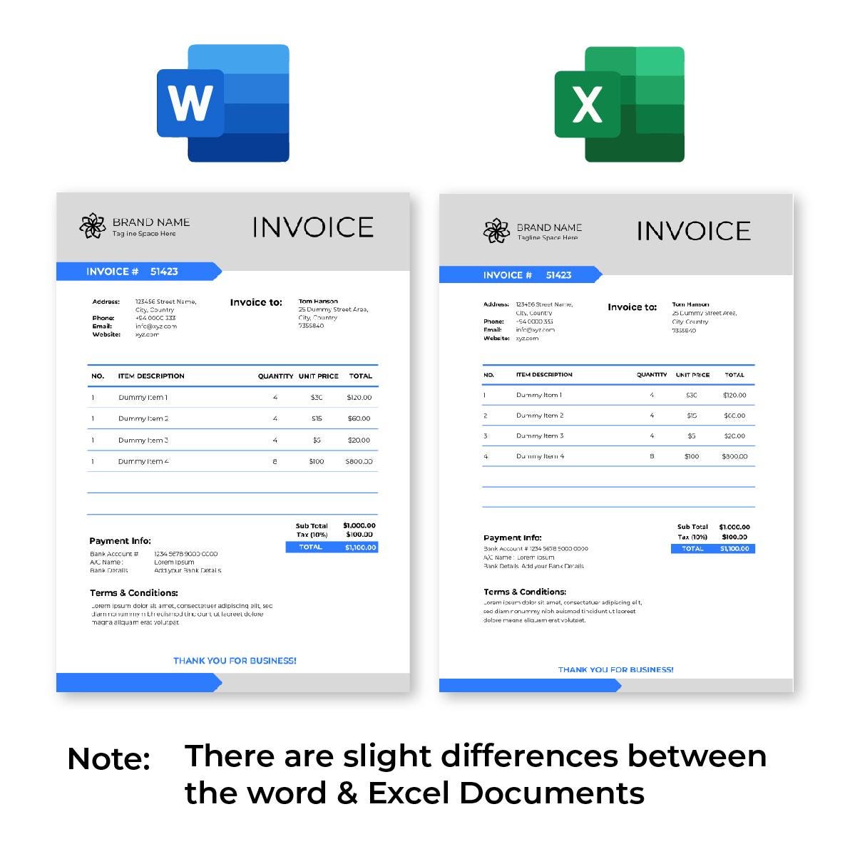 Invoice Template for Small Business, Editable Word & Excel, Printable ...