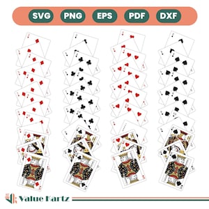 May include: A digital graphic of playing cards, including suits of diamonds, clubs, hearts, and spades. The image also includes the text "SVG PNG EPS PDF DXF" in a banner at the top and the logo "Value Kartz" at the bottom.