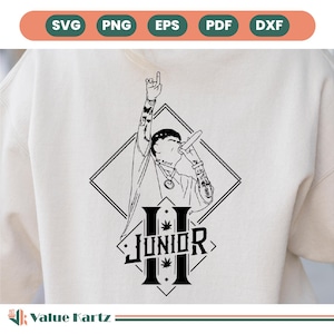 May include: Cream-colored sweatshirt featuring a black and white graphic of a person singing into a microphone, with tattoos on their arm. The graphic includes the text "JUNIOR" and the letters "H" with cannabis leaves. Above the graphic are the words "SVG PNG EPS PDF DXF".