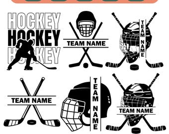 May include: Black and white hockey design featuring a hockey player, sticks, and a helmet. The text "HOCKEY" is repeated three times. The text "TEAM NAME" is repeated three times.