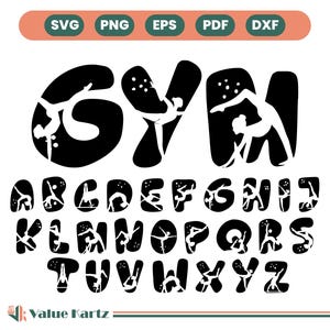 Könnte beinhalten: Schwarz-weißes Alphabet-Set mit Gymnastinnen in jedem Buchstaben. Das Wort "GYM" wird oben angezeigt. Die Buchstaben sind fett und abgerundet. Das Bild enthält auch Dateityp-Symbole: SVG, PNG, EPS, PDF und DXF.