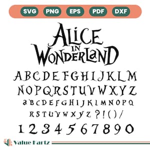 May include: Black and white digital design elements for "Alice in Wonderland", including the title, alphabet, numbers, and file type icons. The design is suitable for various crafting projects.