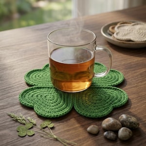 May include: A clear glass mug filled with amber liquid sits on a green, four-leaf clover-shaped crochet coaster. Nearby are a small sprig of clover and several smooth, grey river stones. The coaster features a circular, textured stitch pattern.