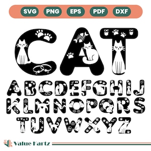 May include: Black and white cat-themed alphabet letters and symbols. The word "CAT" is spelled out with letters featuring cat silhouettes, paw prints, and fish bones. The full alphabet includes cat illustrations and related designs.