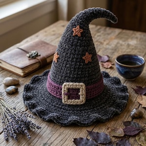 May include: A dark gray crocheted witch hat featuring a pointed, slightly curved top, a wide ruffled brim, and a purple band around the base. The hat is decorated with small orange crocheted stars and a beige crocheted buckle on the purple band.