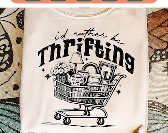 I’d Rather Be Thrifting SVG PNG, Thrift Lover Graphic svg, blue and gold vintage decor cart, boutique style digital, cricut cut sublimation.