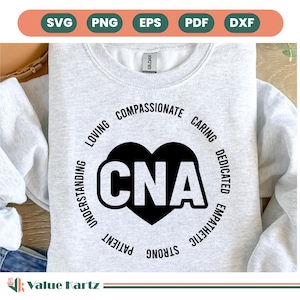 May include: A gray sweatshirt with a black heart design that says "CNA" inside. The heart is surrounded by a circle of words describing the qualities of a CNA, including "loving", "caring", "dedicated", "empathetic", "patient", "strong", "understanding", and "compassionate".