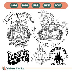 May include: A selection of black and white castle designs with the phrase "The Happiest Place on Earth." The designs feature different castle illustrations, floral details, and fireworks. The image also includes file type icons: SVG, PNG, EPS, PDF, and DXF.