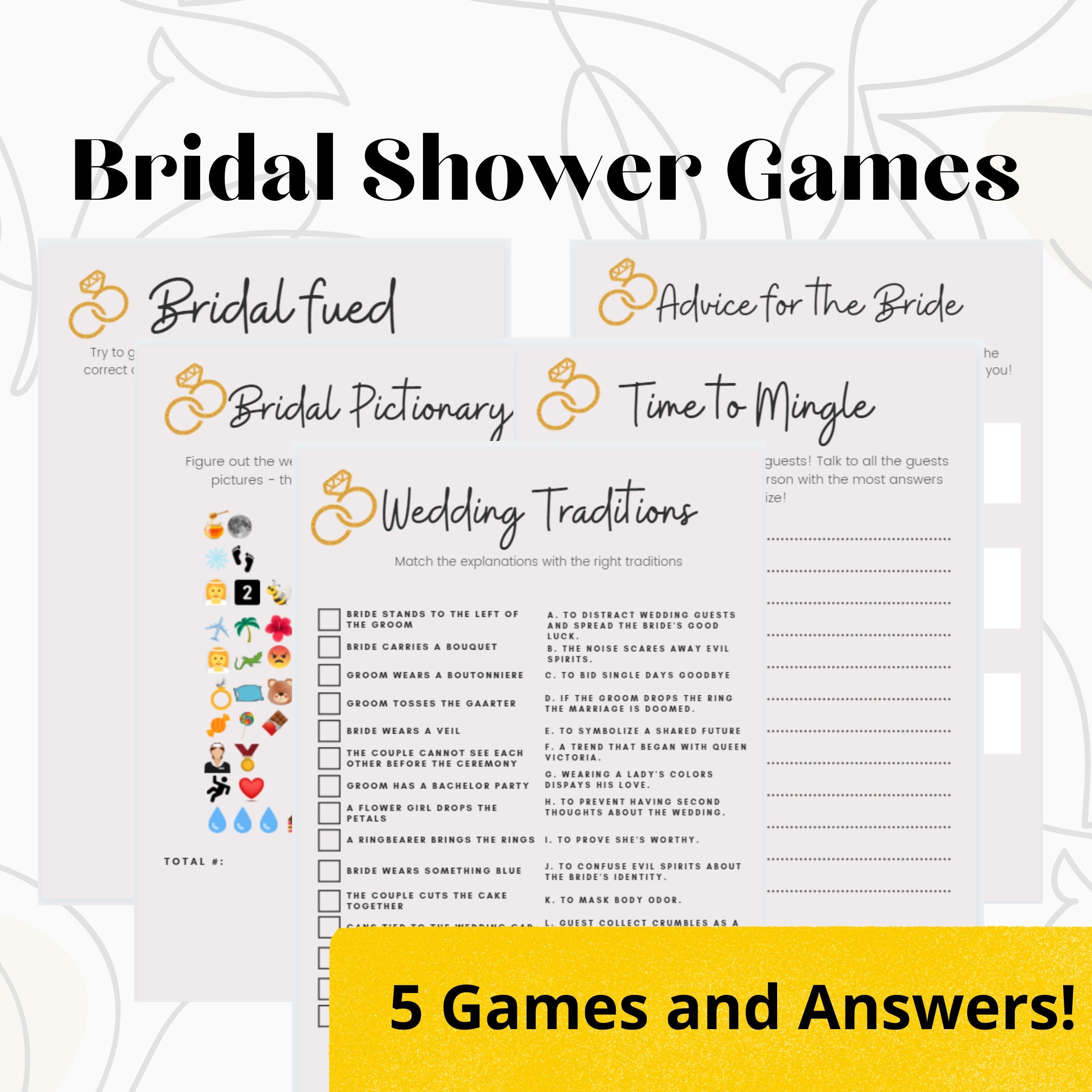 Printable Bridal Shower Games -5 Games - Answers Included - Etsy