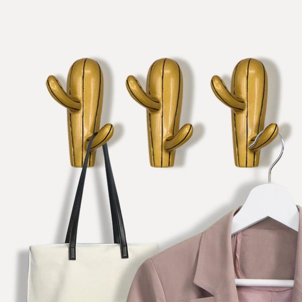 Wall Hooks Antique Golden Coating  Cactus Design, Coat Hook Decorative Mounted Hooks Set of 3