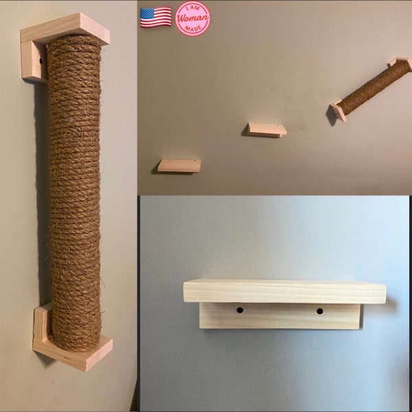 Cat Wall Furniture Bundle- 3 Piece: 2 Shelves/Steps & 20” No Mess Sisal Scratcher