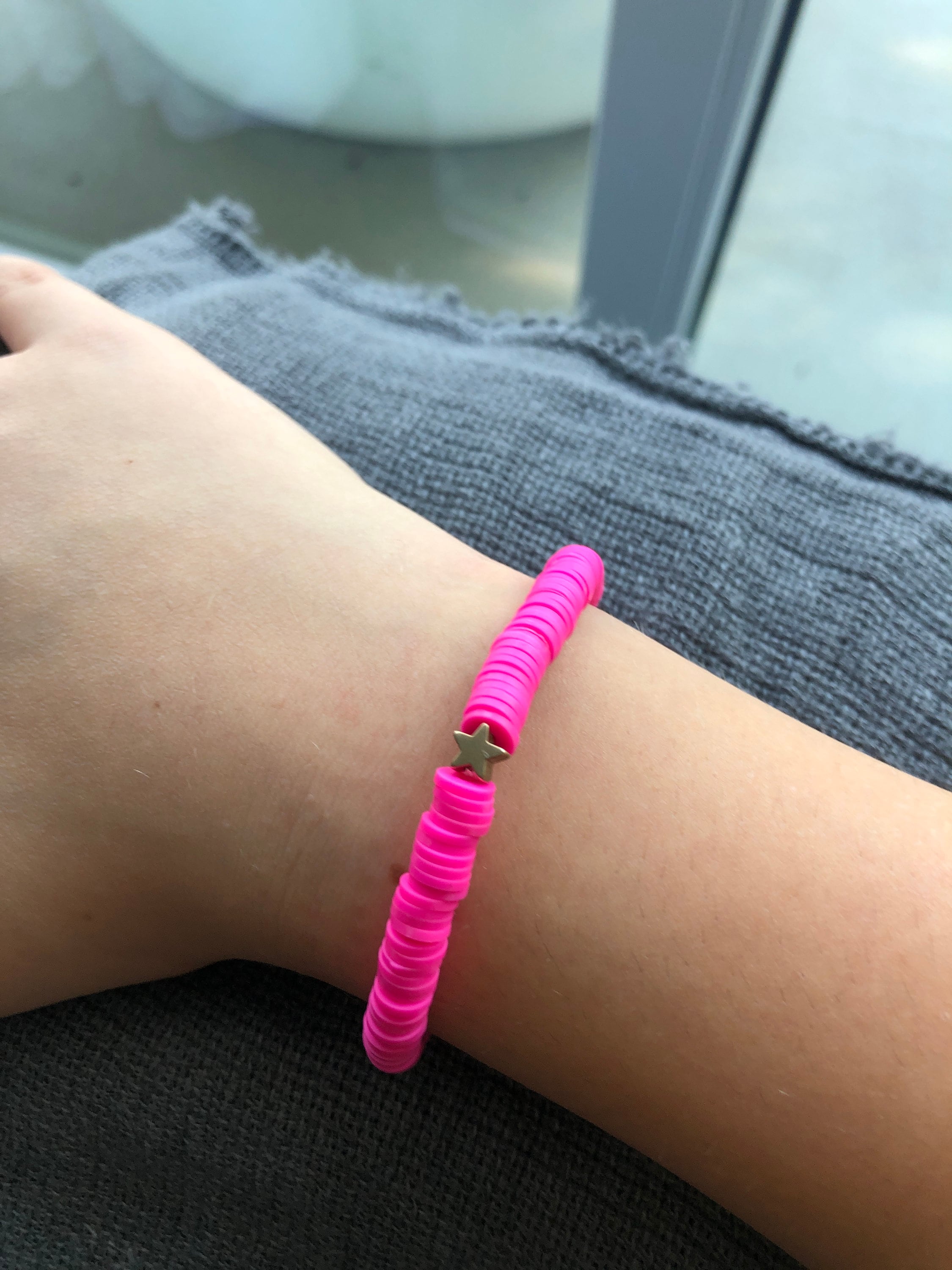 Hot Pink Clay Bead Bracelet with Gold Star