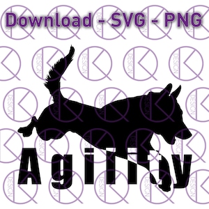 May include: Black silhouette of a dog jumping over an obstacle with the word "Agility" written below it.