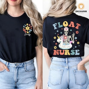 May include: Black t-shirt with a rainbow colored graphic of a skeleton riding a unicorn float with the text "FLOAT NURSE".