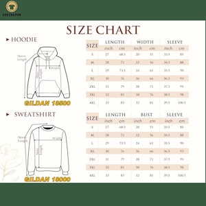May include: Size chart for Gildan 18500 hoodies and Gildan 18000 sweatshirts. The chart shows measurements in inches and centimeters for sizes S through 4XL. Measurements include length, width, bust, and sleeve length.