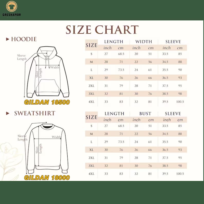 May include: Size chart for Gildan 18500 hoodies and Gildan 18000 sweatshirts. The chart shows measurements in inches and centimeters for sizes S through 4XL. Measurements include length, width, bust, and sleeve length.