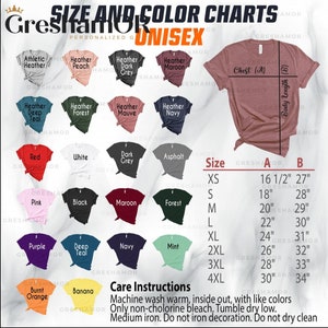 Pode incluir: Tabela de tamanhos e cores para camiseta unissex com 18 op&ccedil;&otilde;es de cores diferentes. A tabela inclui um guia de tamanhos com medidas em polegadas para o peito e o comprimento do corpo. A tabela tamb&eacute;m inclui instru&ccedil;&otilde;es de cuidados para as camisetas.