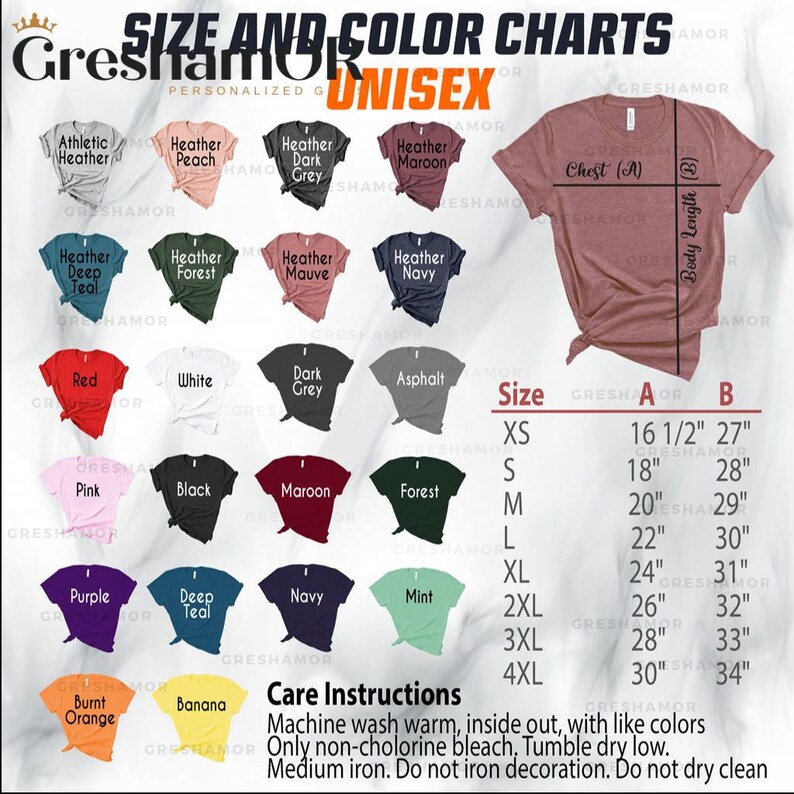 Pode incluir: Tabela de tamanhos e cores para camiseta unissex com 18 op&ccedil;&otilde;es de cores diferentes. A tabela inclui um guia de tamanhos com medidas em polegadas para o peito e o comprimento do corpo. A tabela tamb&eacute;m inclui instru&ccedil;&otilde;es de cuidados para as camisetas.