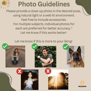 May include: A beige graphic with the text "Photo Guidelines" and instructions for photo submissions. The image includes examples of acceptable photos and unacceptable photos, with checkmarks and X marks respectively.