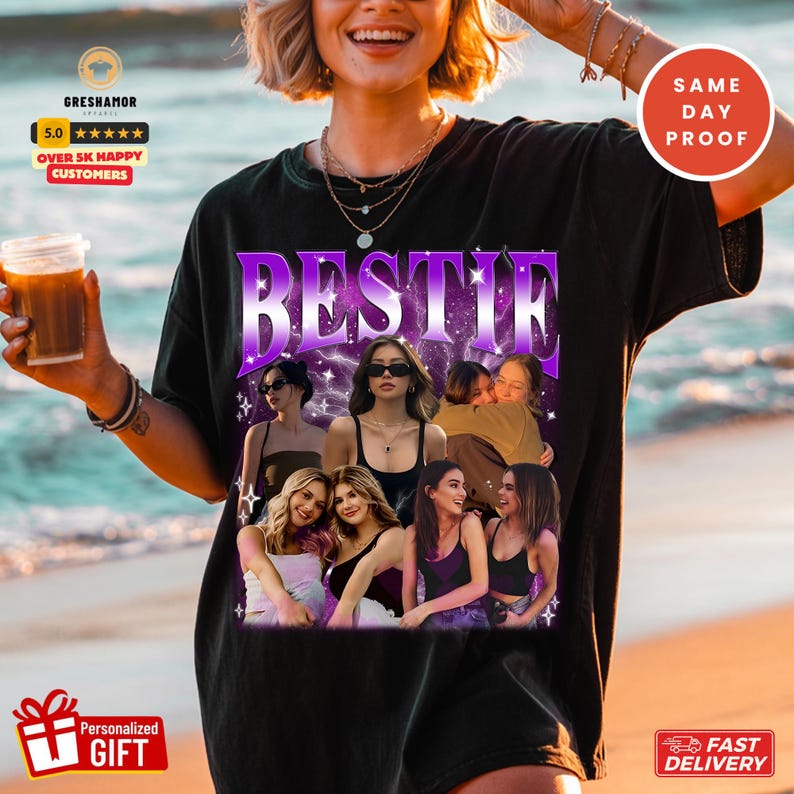 Custom Photo Best Friend Shirt, Vintage Bestie Bootleg Tee, BFF Gift image 2