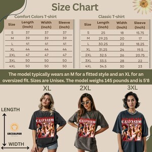 May include: Size chart for Comfort Colors and Classic T-shirts, with measurements in inches. The chart includes sizes S to 4XL, detailing length, width, and sleeve dimensions. The image also shows three models wearing custom graphic tees in sizes XL, 2XL, and 3XL.